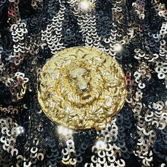 Balmain Strong-Shoulder Mini Dress 40/US 8 Gold Black Sequin Back Zip NWT $3650 - Picture 8 of 14